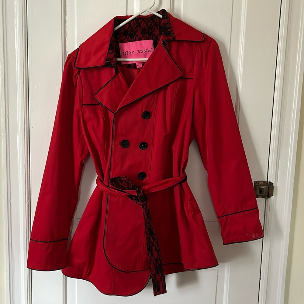 Betsey Johnson jacket, red with black piping and lace, large - never worn